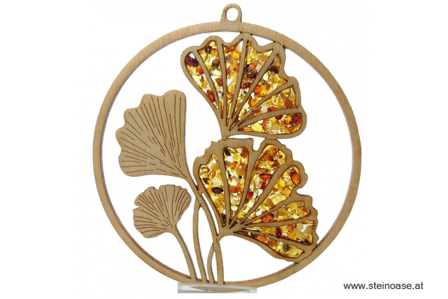 Fensterbild Suncatcher Bernstein - GINKGOBLATT  Ø 11cm